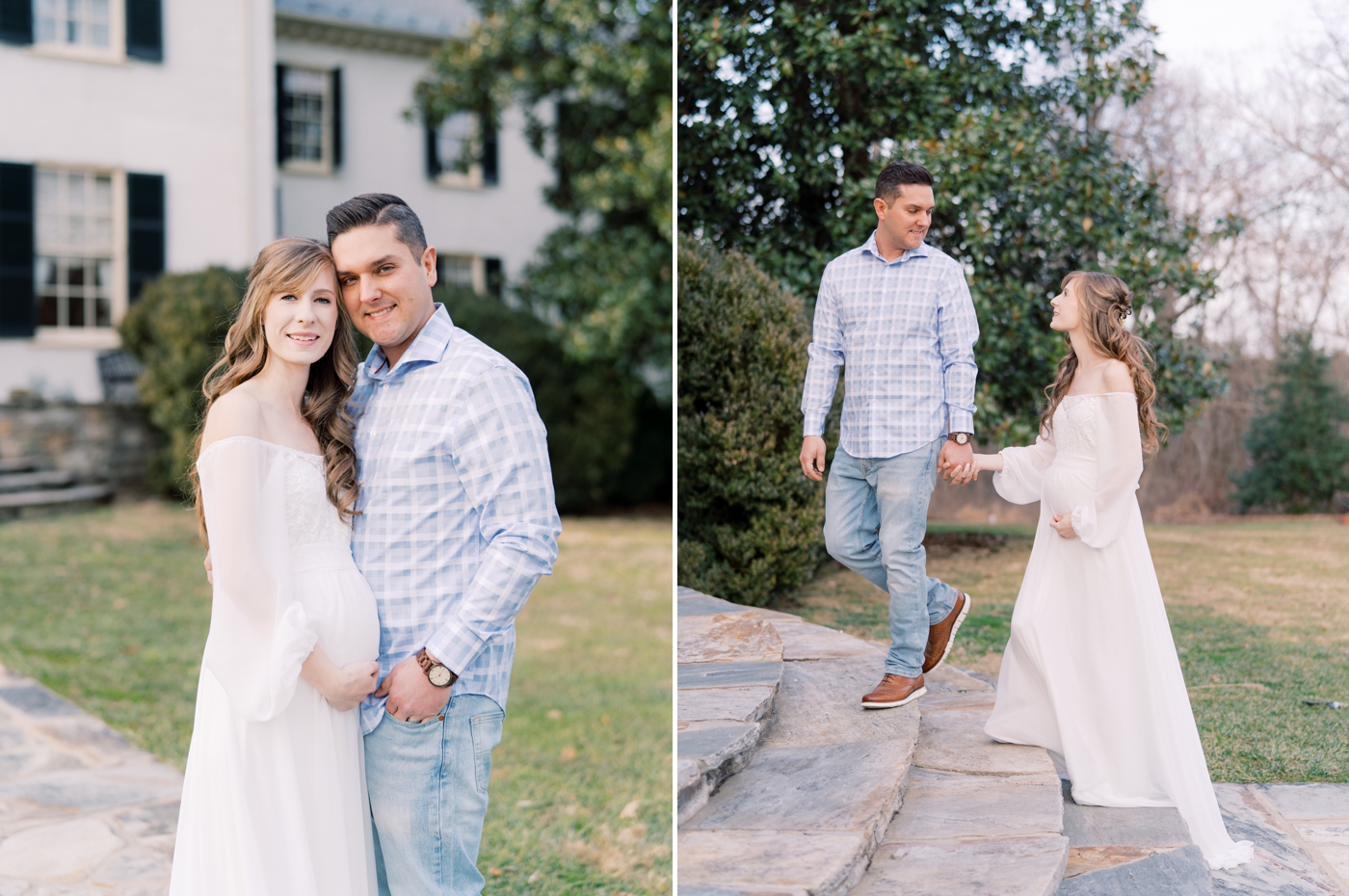 Couple smiling at the camera at Rust Manor House in Leesburg Virginia for a maternity session