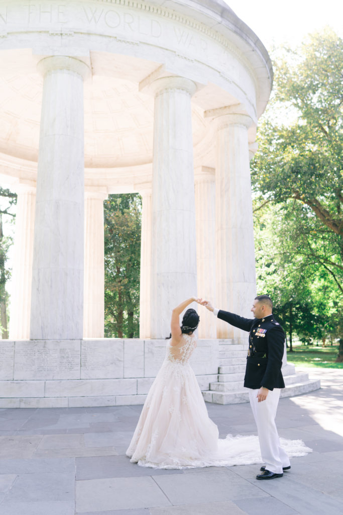 Bride and groom dancing at the War Memorial in Washington DC