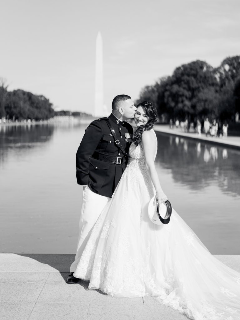 bride and groom in front of the reflecting pool in Washington DC