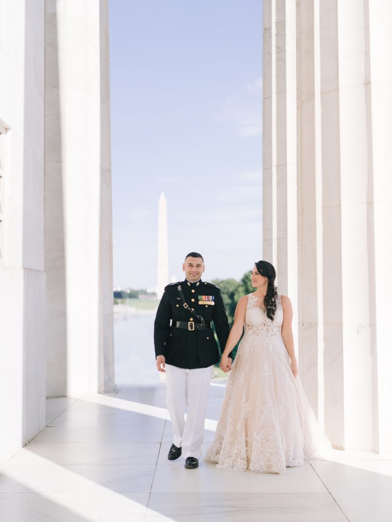 bride and groom at the Lincoln Memorial in Washington DC