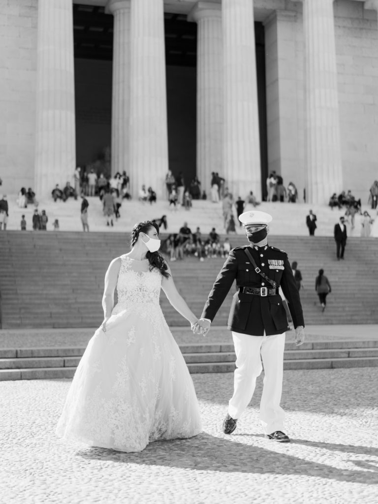 bride and groom at the Lincoln Memorial in Washington DC