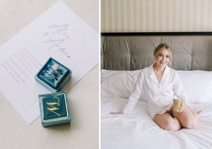 A ring box and bride sitting on bed getting ready