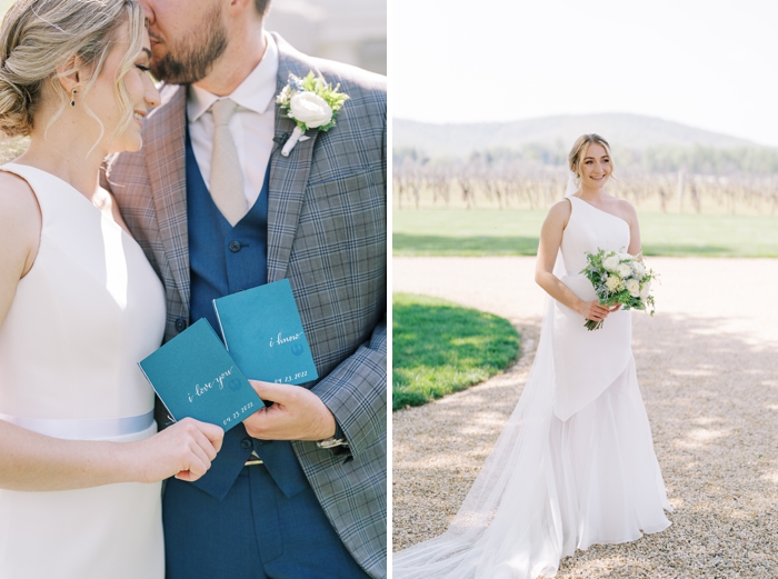 Bride and groom holding vow books at keswick vineyards