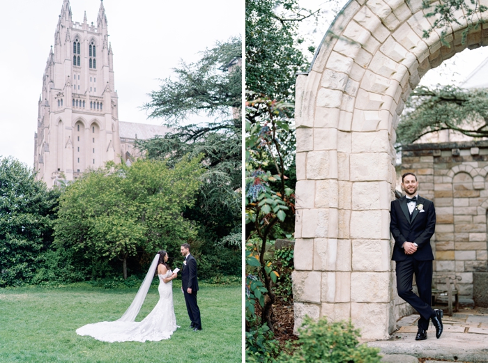 bride and groom with the national cathedral in washington dc behind them