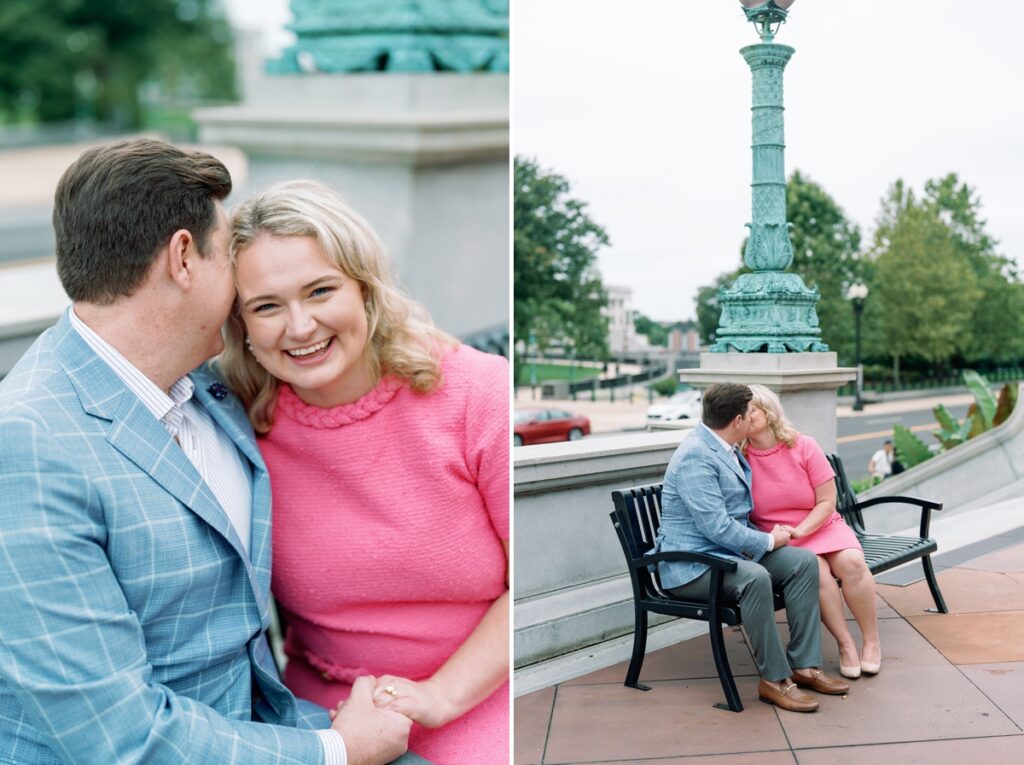 engaged Couple kissing with the capitol building in the background in washington dc