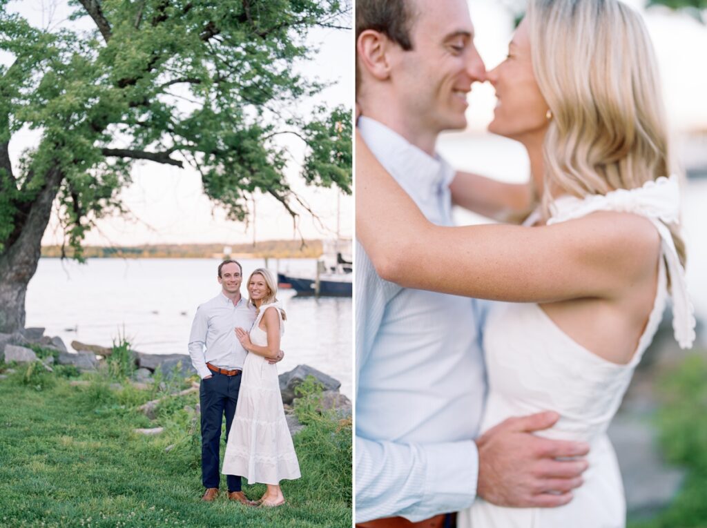 Couple smiling at each other in old town alexandria walking along the waterfront